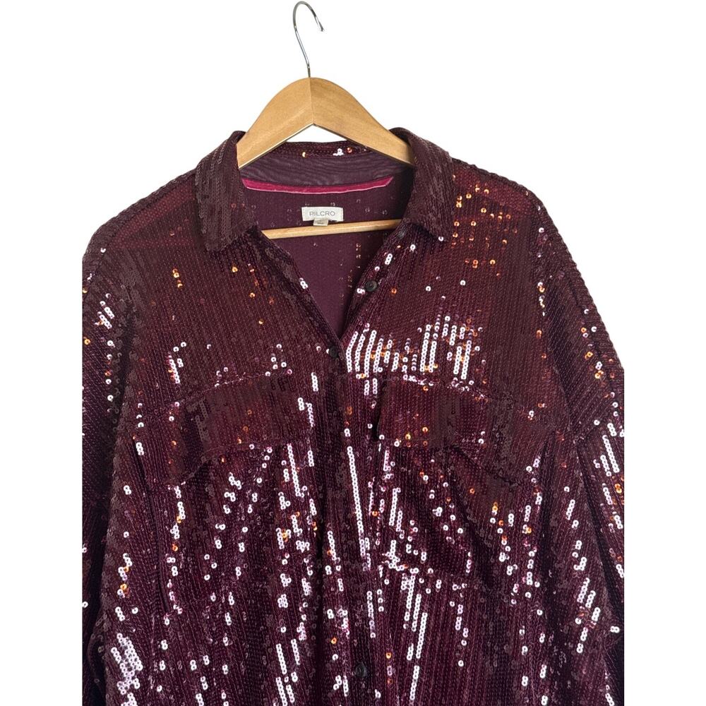 Anthropologie Pilcro Sequin Button Up Shirt Women’s L Burgundy Oversized EUC - Picture 5 of 10